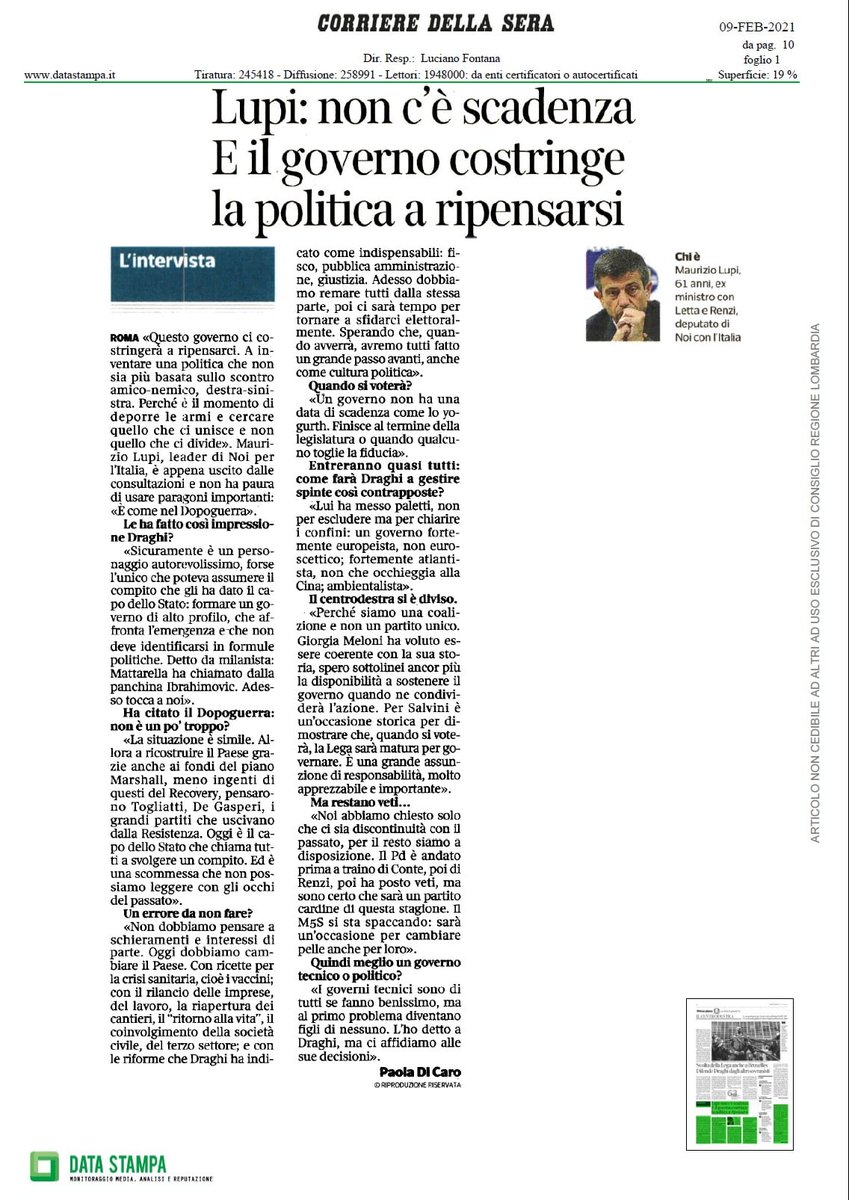 Ripensare la #politica
Sul <a href="/Corriere/">Corriere della Sera</a> oggi, <a href="/Maurizio_Lupi/">Maurizio Lupi</a> :l'unica cosa che ci sta a cuore è "cambiare il Paese", cominciando da sanità, economia, scuola e fisco. "E' il momento di cercare quello che ci unisce e non quello che ci divide"