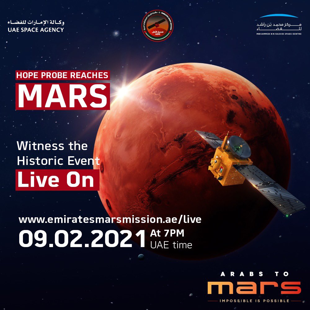 Minutes of silence. Moments of anticipation as #HopeProbe prepares to enter Mars’ orbit. Witness the historical event on 9 February 2021 at 7:00 PM via emm.ae/live 

#ArabsToMars
#ImpossibleIsPossible
#HopeForHope 🤲🚀🔴