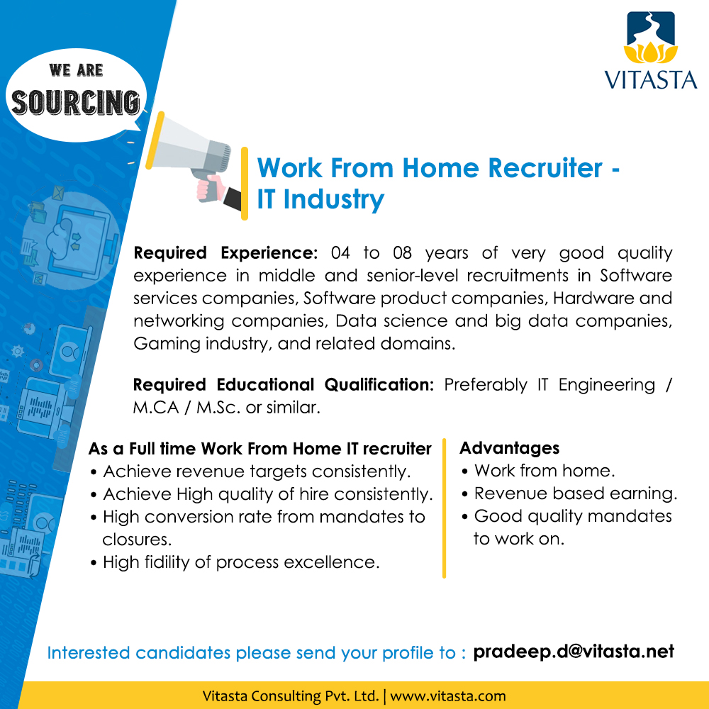 VitastaConsult's tweet photo. We are looking for Specialist Recruiters with at least 4-8 years experience in IT recruitment. (This is Work from home opportunity).

#Recruitment #WorkFromHome https://t.co/U5xsgpNddU
