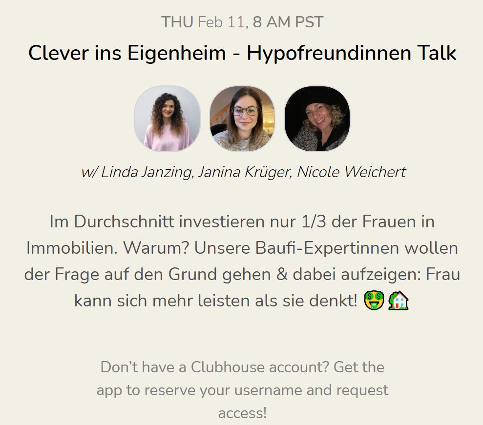 HypoFriendDE's tweet photo. Save the date! ➡ 11.02. | 5 pm | #ClubHouse
Weniger als 1/3 der #Immobilien werden von #Frauen gekauft. Woran liegt das? In unserem Talk gehen wir der Frage nach! Außerdem: Wie viel Haus kann sich Frau eigentlich leisten? Spoiler: Mehr als ihr denkt
#Hypofreundinnen #Frauenpower https://t.co/nS8Gg9X73U