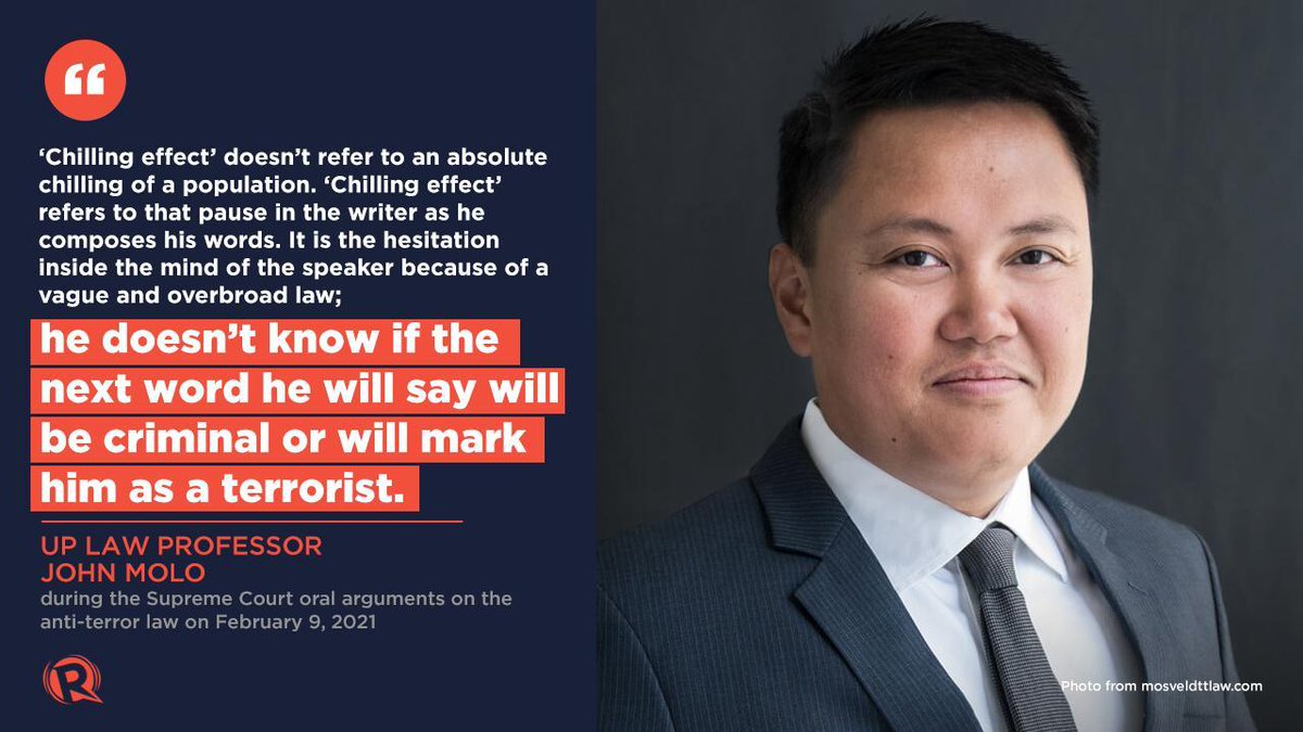 rapplerdotcom's tweet photo. Justice Leonen questioned how the anti-terror law gives a “chilling effect,” citing the likes of Antonio Carpio advocating for the West Philippine Sea, and UP students and academics who continue to express their dissent.

Here’s how UP law professor John Molo responded. #ATAOrals https://t.co/DALtad0Qny