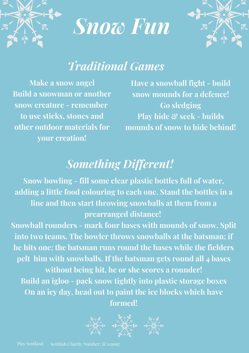 It's a snow day!! 

Make the most of our playful snow ideas and get outside to play... 😀👏🌨️☃️

👉playscotland.org/resources/snow…

#moreplayplease #playeveryday