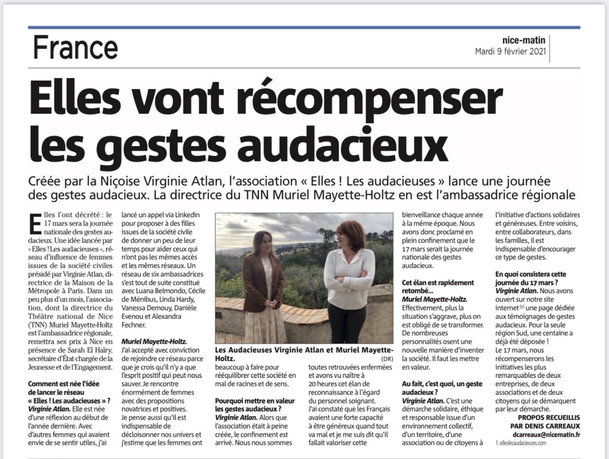 Depuis le 1er confinement, il y a des gestes audacieux de #solidarité qui resteront. Des gestes citoyens. Pour les récompenser une journée des #GestesAudacieux le #17Mars #EllesLesAudacieuses <a href="/VirginieAtlan/">Virginie ATLAN Nous Les Ambitieuses !</a> <a href="/sarahelhairy/">Sarah EL HAÏRY</a> #LuanaBelmondo <a href="/lindahardy/">LINDA HARDY</a> <a href="/AlexFechner/">Alexandra Fechner</a> #VanessaDemouy 🙏