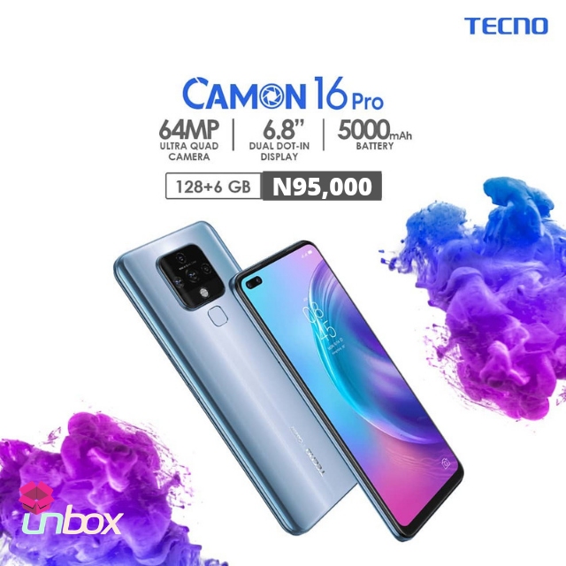 UnboxNg's tweet photo. We present to you the #PioneerCameraPhone that is fully equipped with features to make your everyday life less stressful and more phone. It's performance is exceptional!

#CAMON16 Pro is available at Unbox at a discounted price of N95,000. Just slide in the DM to place your order https://t.co/P9L19naYb8