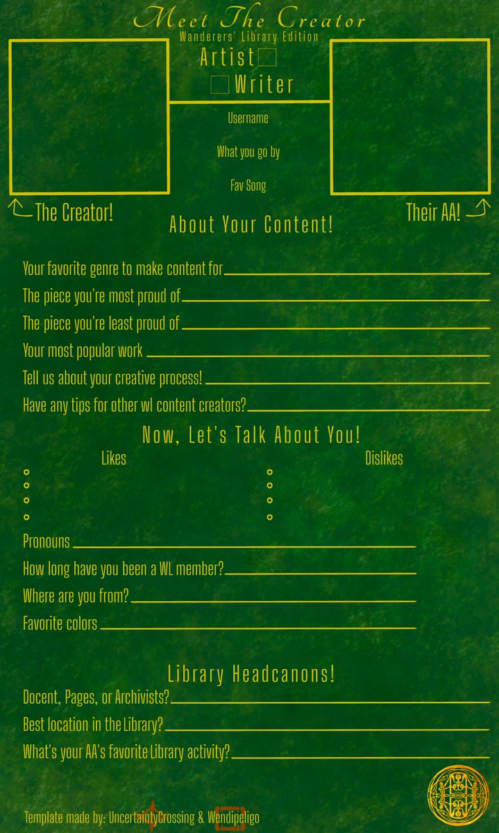 UncertainCross's tweet photo. A Meet the Creator template @Wendipeligo and I made for folks over at the #WanderersLibrary ! If you've posted anything to the site, feel free to fill this out and customize it however you'd like. You can add it to this thread too if you do! https://t.co/biOaw66Rg9