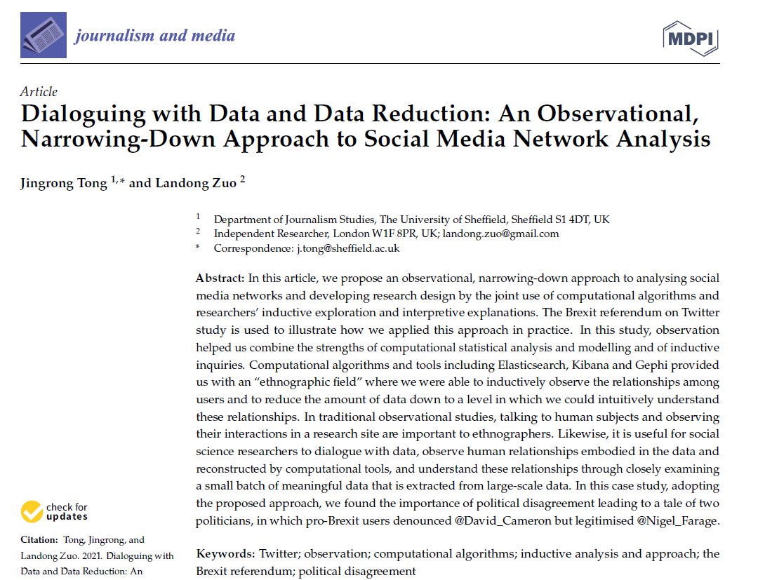JourMedia_MDPI's tweet photo. We invite you to read our article "Dialoguing with Data and Data Reduction: An Observational, Narrowing-Down Approach to Social Media Network Analysis" by @jingrong and @Landong2009
👉https://t.co/vRDNnXTjFa
@sheffjournalism #ComputationalAlgorithms #Brexit #TwitterObservation https://t.co/XNz8vmu3iB