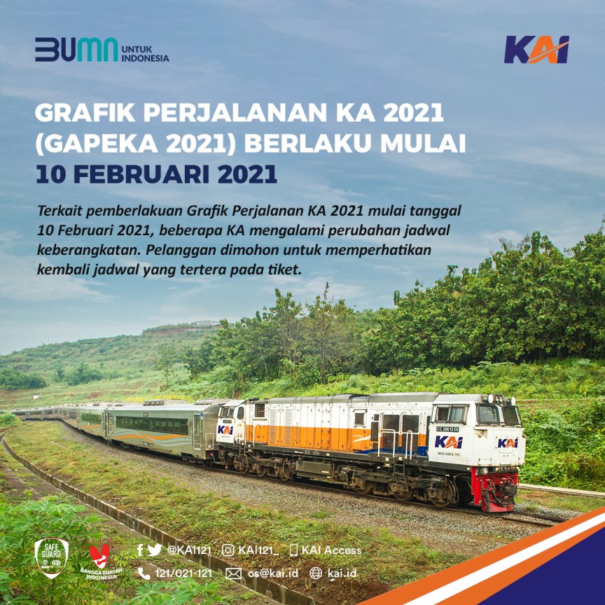 Grafik Perjalanan KA 2021 Mulai Berlaku Besok, Perhatikan Kembali Jadwal Pada Tiket

Pada 10 Februari 2021, sebagian kereta api penumpang mengalami perubahan jadwal keberangkatan, hal ini disebabkan KAI mulai memberlakukan Grafik Perjalanan KA (Gapeka) 2021 yang telah ditetapkan.