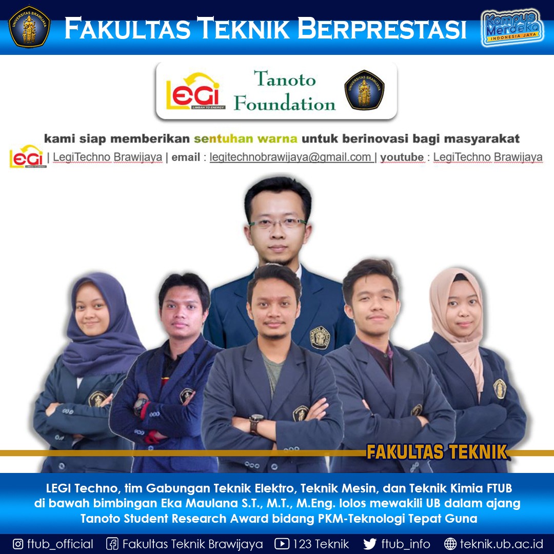 FTUB_INFO's tweet photo. Selamat Sore KBFT!!
Congratulations!!
Tim LegiTechno berhasil Penghargaan The Best Problem Solver pada Awarding Night Tanoto Student Research Award 2021 (6/Feb/2021).
#FTUB #FakultasTeknikUB #TanotoFoundation https://t.co/S5snXQyBE1