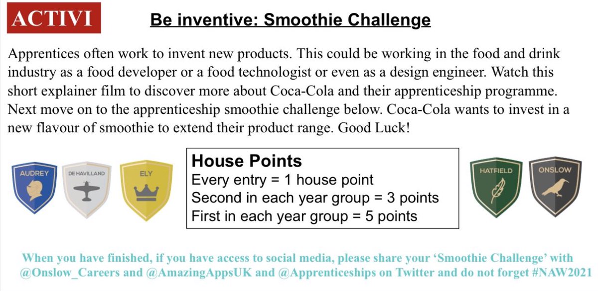 osa_food's tweet photo. For 'National Apprenticeship Week', take part in the 'OSA Food and Nutrition, Smoothie Challenge!'
Win house-points for entries, see further details in the images and on Google Classroom for your class.
Good luck!
#NAW2021
@Onslows_Careers @AmazingAppsUK @Apprenticeships https://t.co/NpuVU5luOp