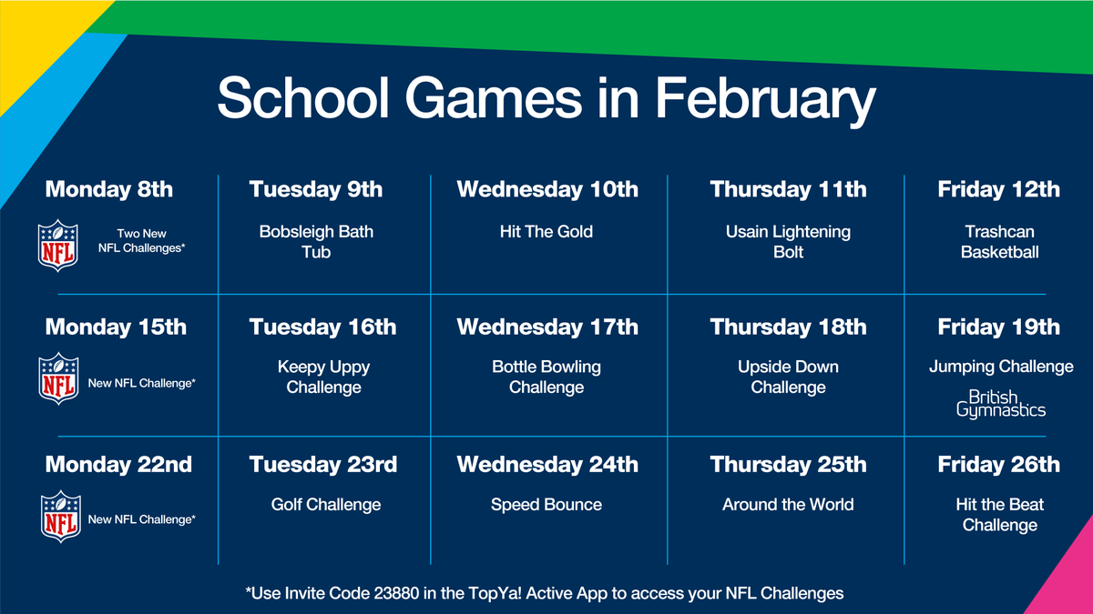 February School Games Active Championships 👋 Each weekday for the rest of the month, we're challenging young people to complete one of our favourite challenges.

All SGAC participants need to do is log back into their TopYa! Active app to get started!

Check out the timetable ⬇️