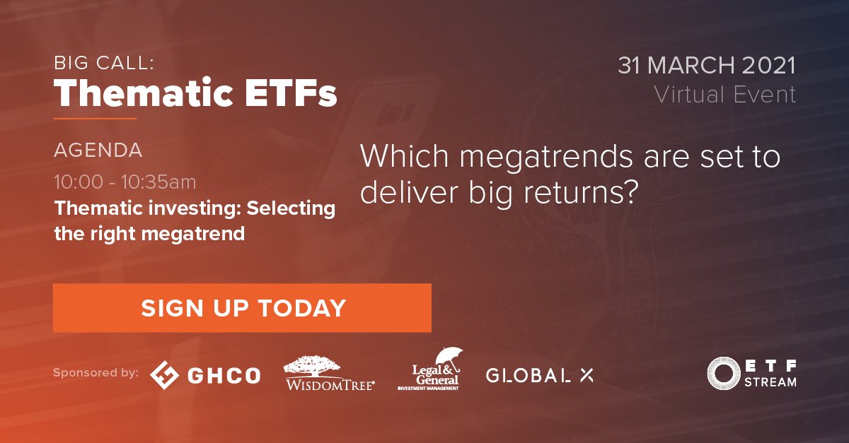 ETF_Stream's tweet photo. Hear from our speakers Megan Brennan, @sarasinpartners and Evangelos Assimakos, @Rathbones1742 as they discuss ‘Thematic investing: Selection the right megatrend’
Save your seat here - https://t.co/NDDxVym5tW
31 March 2021 - 9:25–12:40 (UK time)
#Thematics
#ETFs
#ETFStream https://t.co/YRCnFKLcn5