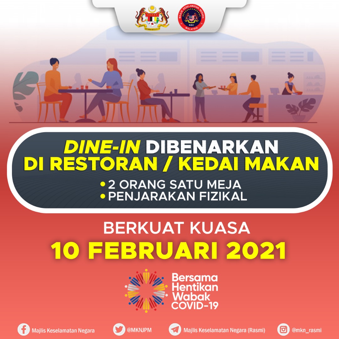 MKNJPM's tweet photo. DINE-IN DIBENARKAN DI RESTORAN DAN KEDAI MAKAN BERKUATKUASA 10 FEBRUARI 2021 https://t.co/9kuc4WCtqW