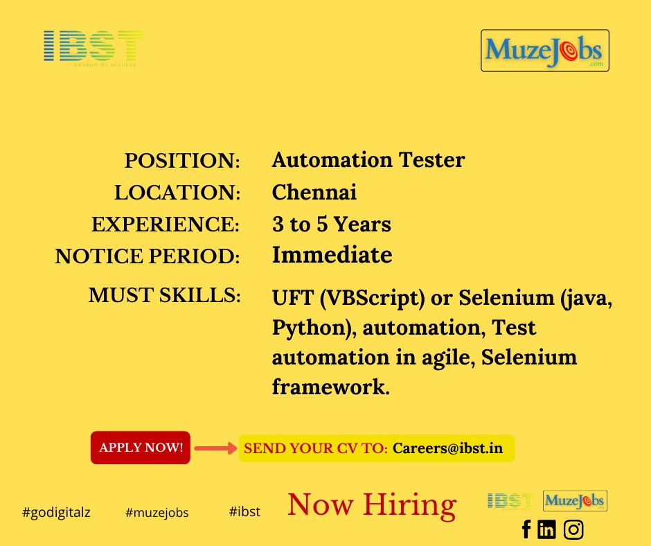 Hey, connection here is the new requirement, hope you are looking for it. 
Eligible candidates can drop their CV at careers@ibst.in

#VBscript #java #python #ibst #muzejobs #uft #mumbaijob, #automation #jobupdates #newjobs #hiring #latestupdates #jobs #agile #seleniumframework