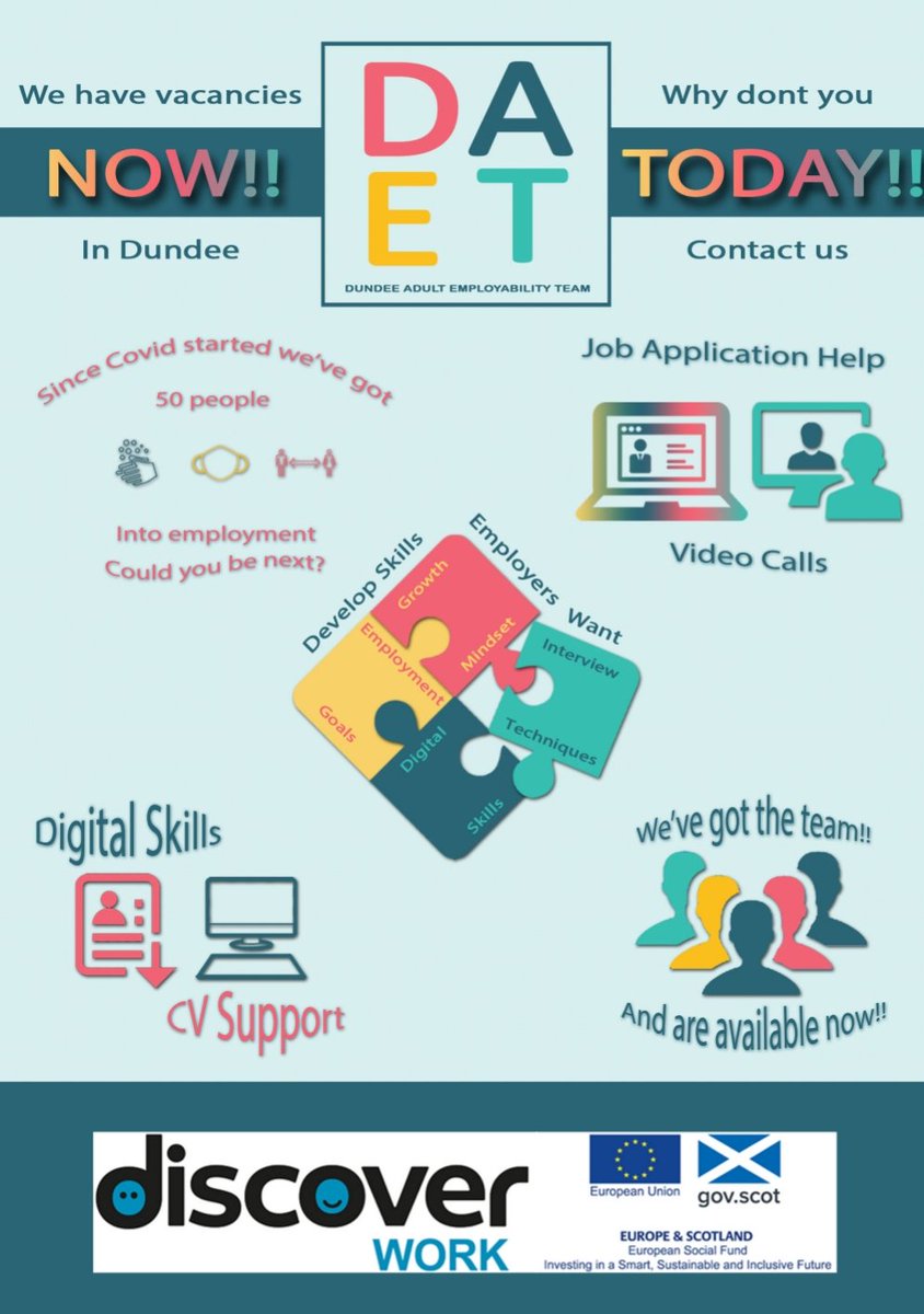 DundeeEmploy's tweet photo. Here is a look at our new leaflet, it details the help we can provide for going into work and ways to contact us and details of our social media
#adultemployabilityteam #dundeejobs #discoverwork #dundeecitycouncil https://t.co/fonICXxNIq