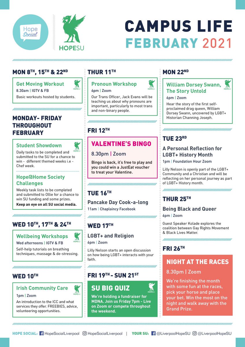 LiverpoolHopeSU's tweet photo. FUN FEBRUARY! 

Check out all of our SU activities in our WHATS ON guide below. Keep your eyes peeled for our LGBT+ events planner too, we have loads for you to get involved in this term, loads to learnt and loads to be won! 😎 https://t.co/fvDV0zaC2x