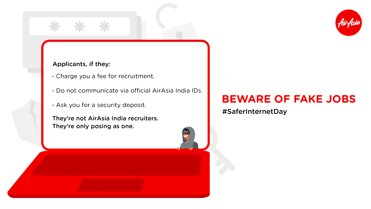 AirIndiaX's tweet photo. In the spirit of #SaferInternetDay, we’d like to caution you against fake jobs being posted on behalf of AirAsia India. Please note, we do not charge any fee at any stage of the recruitment process. Follow our official channels for any jobs-related information. #FakeJobsAlert https://t.co/fOTMMtLLS3