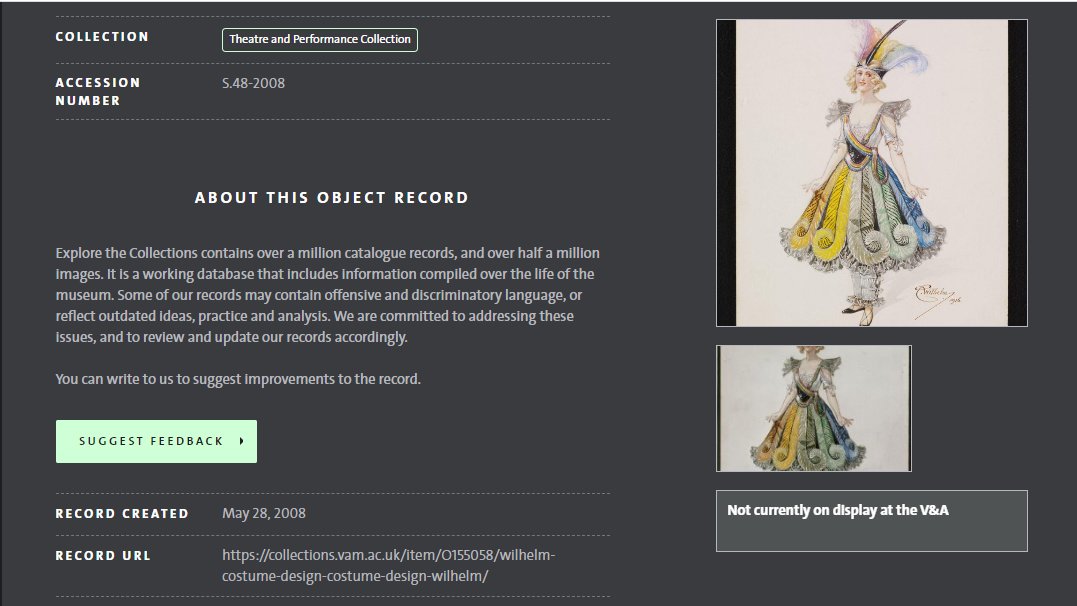 The new  @V_and_A Explore the Collections also invites feedback on our records  https://collections.vam.ac.uk/item/O155058/wilhelm-costume-design-costume-design-wilhelm/