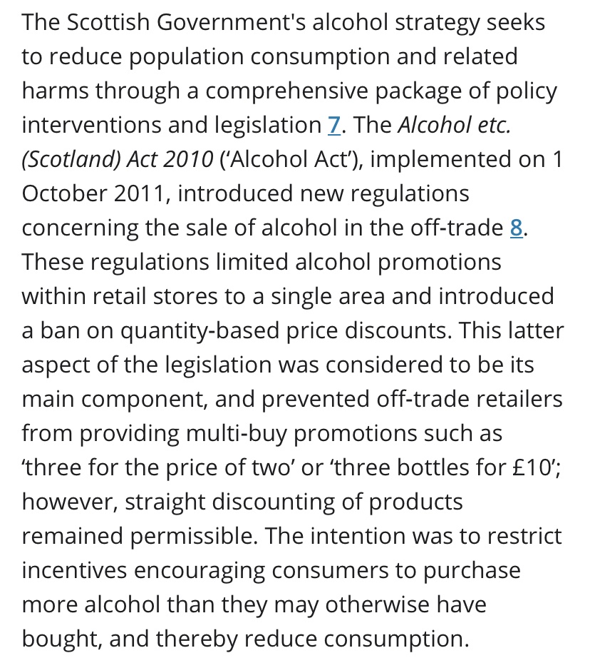 ‘The introduction of the Alcohol Act in Scotland in 2011 was associated with a decrease in total off‐trade alcohol sales in Scotland, largely driven by reduced off‐trade wine sales.’ https://onlinelibrary.wiley.com/doi/full/10.1111/add.12701