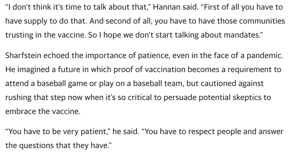 but the point is they're NOT requiring it. When I talked to experts last month they both recommended NOT mandating vaccines at this point and instead focusing on education, which MLB seems to be doing.  https://sports.yahoo.com/when-do-baseball-players-get-the-covid-19-vaccine-how-mlb-will-navigate-the-messy-rollout-161132326.html