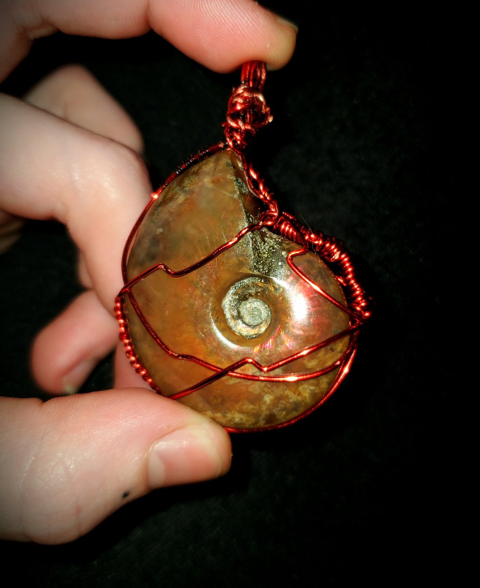 This piece is a little different from usual, but I've been wire wrapping♡ You'll soon see pendants such as these to purchase! Ammonite fossil with ammolite flashing! Artwork by Sarah or Gro.kcaw

#art #artwork #Etsystore #ammonitefossil #ammonite #minerals #wirewrappedfossil