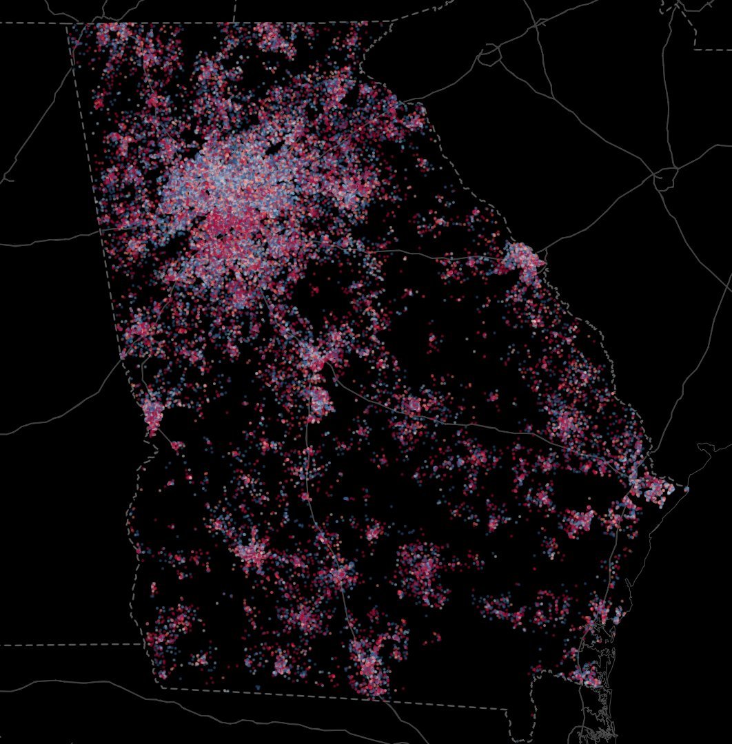 Here’s a statewide map of which party's voter did better on turnout by Census block.