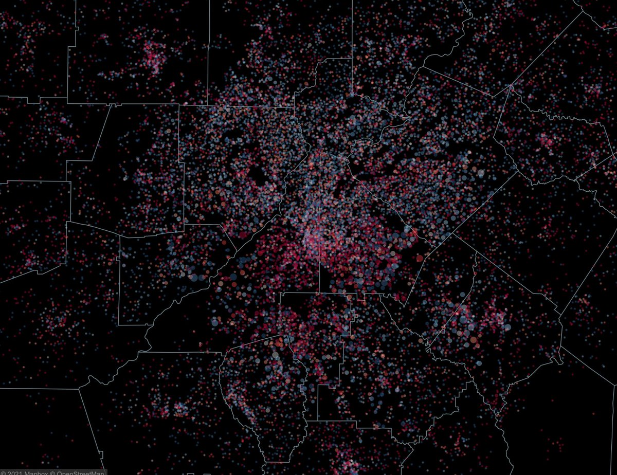 And here that is zoomed in on the Atlanta metro. Prosperous white suburbs to the north are colored blue, Black neighborhoods are colored red signifying relatively tepid Democratic turnout there.