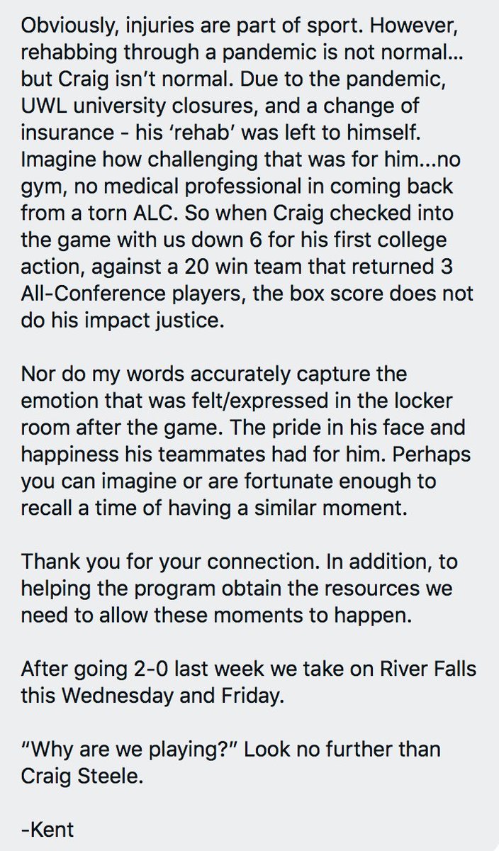 "Why are we even playing now?" [After cancellation of Winter championships.]

This a text from an email @UWL_Basketball head MBB coach <a href="/dernbach4/">Kent Dernbach</a> sent to a large group of alums/boosters. It was sent to me, and I asked Kent if I could share with #d3hoops fans here.

Great message.