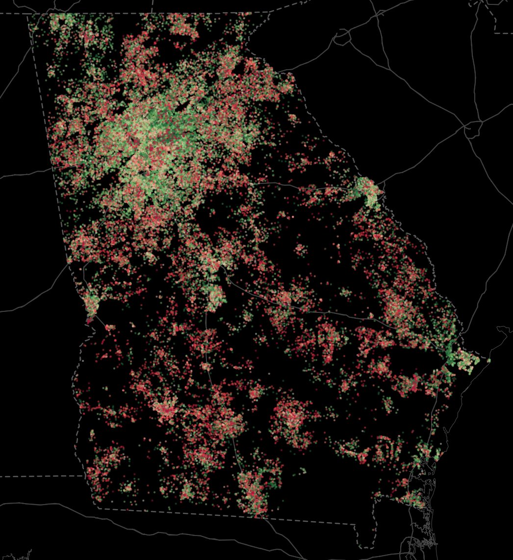 Here is statewide map, also by Census block, showing turnout vs. ‘16. Switching to this metric for this since it’s a stark illustration of population growth. The strongest growth has been in Gwinnett, NE Atlanta suburbs, around Norcross and Lawrenceville.