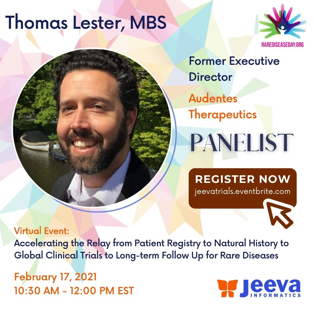 Jeevatrials's tweet photo. Meet #ThomasLester, one of the speakers at our upcoming #RareDisease #patientregistry event. He is senior consultant to Biotech industry #genetherapy development
Register: https://t.co/NIdFfRSXhT
#patientregistry #naturalhistory #longtermfollowup #clinicaltrials #rarediseaseday https://t.co/YopUaQ7LJq