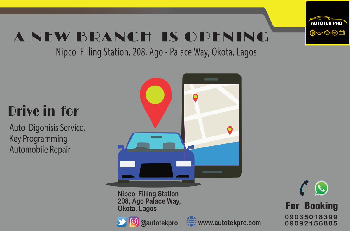 autotekpro's tweet photo. In Okota and environs, a new branch of Autotek Pro is opening at Nipco Filling station.

Follow us on our Social Media https://t.co/kgwrIRiMDU