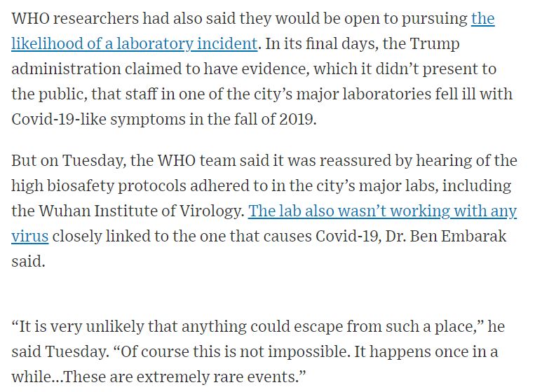 Many questions from WHO press conference on origins of pandemic, especially related to level of investigation at labs. Did they just ask questions + accept answers? Any in-depth scrutiny of records? How do they know protocols were followed? https://www.wsj.com/articles/coronavirus-most-likely-spilled-over-to-humans-through-intermediate-animal-says-who-11612868217