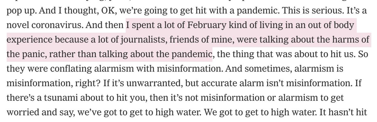 This inside work will take courage. It is uncomfortable.  @zeynep talked about feeling alienated from her colleagues and friends (having an "out of body experience") after she recognized the danger of Covid while other journalists were still concerned mostly about "alarmism."4/