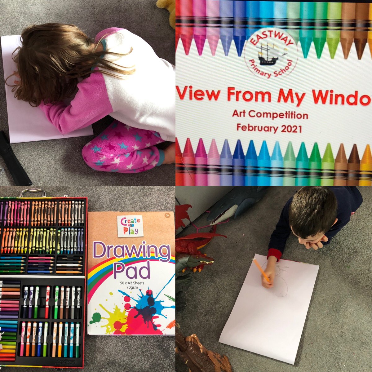 DianeFoulds's tweet photo. The view from my bedroom window art competition is well underway in the Foulds household. Unicorns and dinosaurs will definitely be making an appearance 🦖 🦄 @EastwayPrimary @missgdalby #y2 #y5 #art #artchallenge #viewfrommywindow 🖼 https://t.co/tBidiPRkVJ