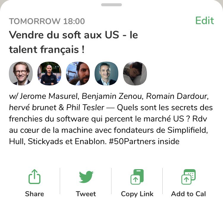 “Vendre du soft aux US - le talent des entrepreneurs français !” 
Rdv demain 18h sur Clubhouse avec <a href="/benjaminzenou/">Benjamin Zenou</a>, <a href="/rdardour/">Romain Dardour🦑</a>, <a href="/99Hbrunet/">hervé brunet</a>, and Phil Tesler, les fondateurs de <a href="/SimpliField/">SimpliField</a>, <a href="/hull/">Hull }} Customer Data Platform</a>, <a href="/StickyADStv/">StickyADS.tv</a>, <a href="/Enablon/">Enablon</a> 
joinclubhouse.com/event/MdQJOrZG