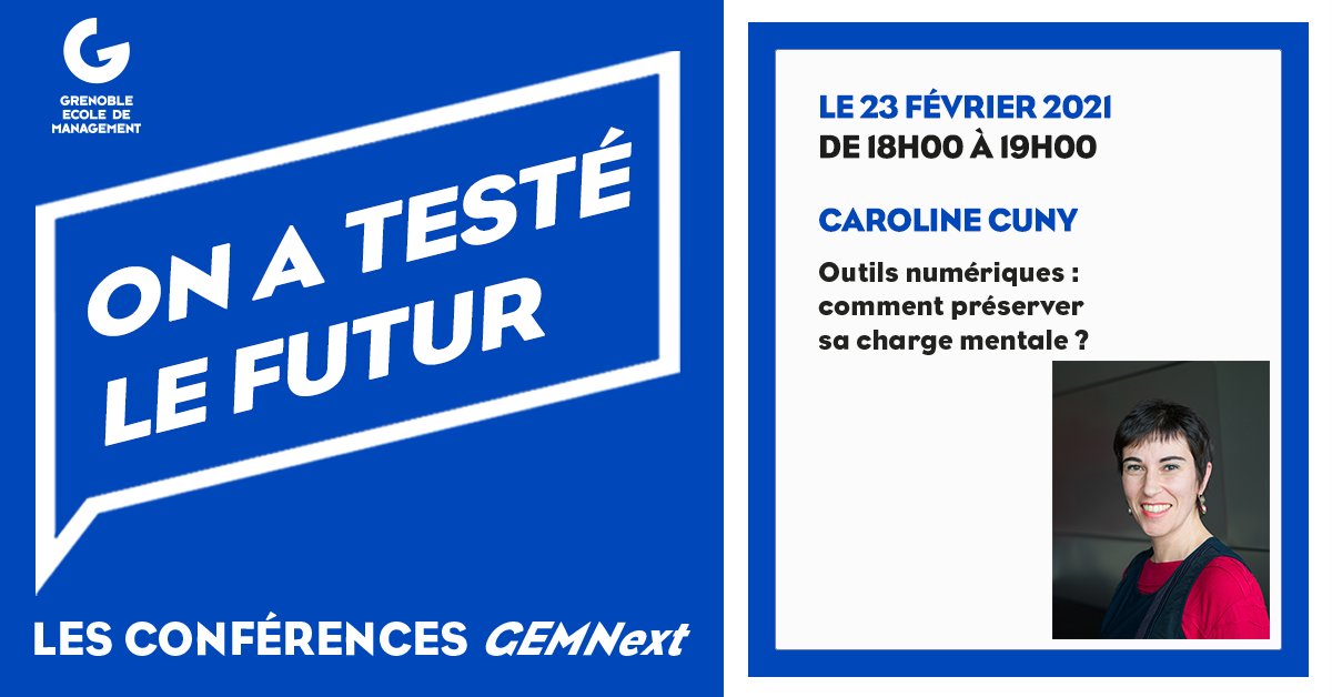 [#ChargeMentale]
A l'heure de la #digitalisation, comment préserver sa charge mentale ?
C'est le thème de la prochaine #conférence GEMNext en #live
📅 RDV le 23 février à 18h
🗣️ Caroline Cuny, prof de Grenoble EM
Pour vous inscrire 👇
grenoble-em.com/agenda-confere…