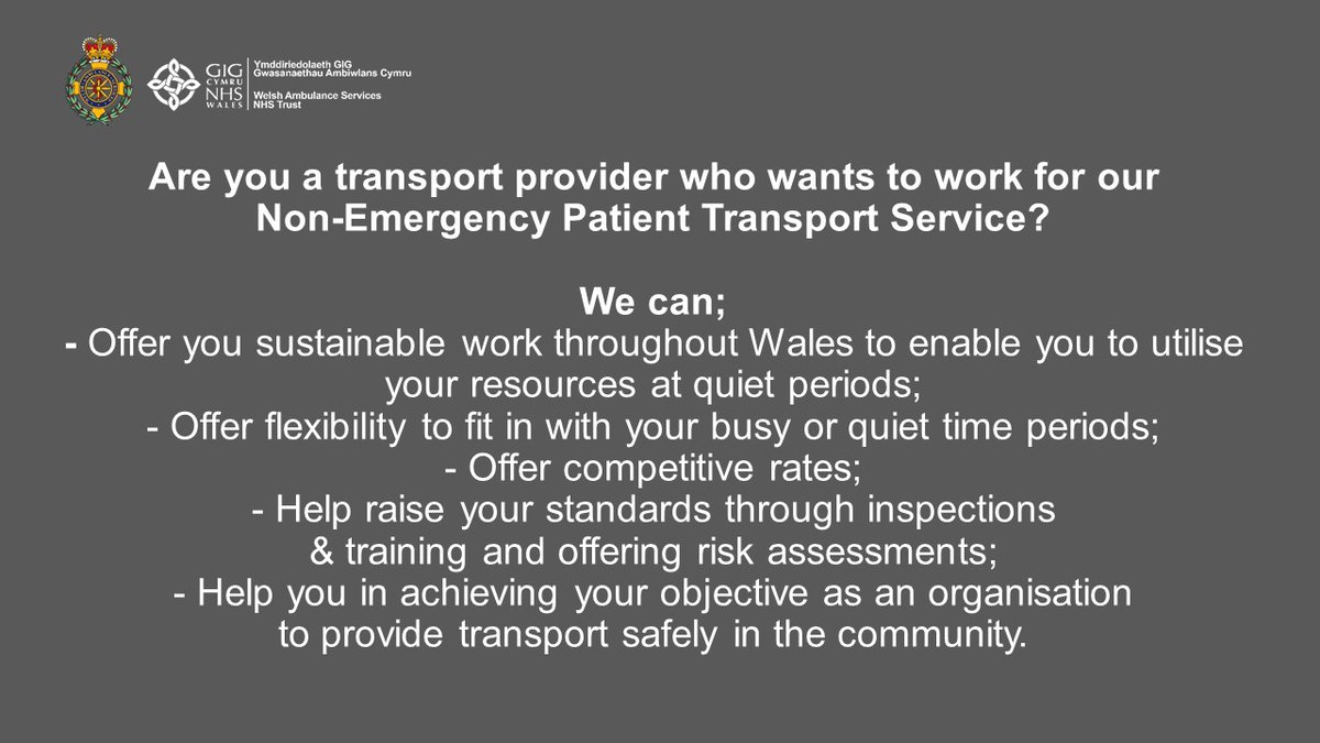 🚑Are you a transport provider who wants to work with our Non-Emergency Patient Transport Service?

💻Then come and join us for a virtual engagement session on Wednesday 3 March. 

🖊️To register your interest please email: Olivia.barnes@wales.nhs.uk