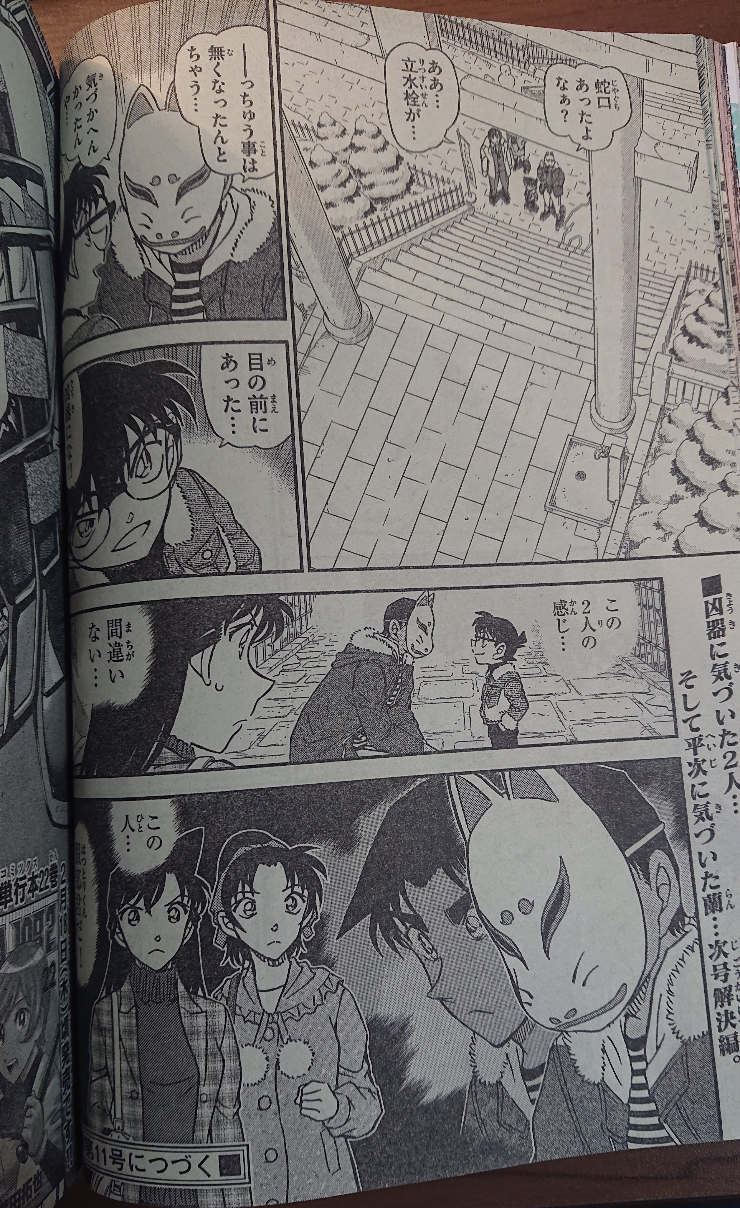 令和のシャーロック ホームズ ４８６９ Na Twitteru 先週の話 新一と平次が話している様子を見た蘭は 間違いない この人 服部君だ と言ったので バレちゃってますね 狐面をつけて声を変えただけで それ以外の挙動は完全に普段の平次なので当然 問題は声を