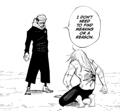 counterpart, or something that is actually beneficial. One moment in particular that stood out to me was Yuji's final speech to Mahito. In the panel where Mahito is "bowing" to Yuji, the wordbubble appears directly above him, as if Yuji's words actually weigh down on him. >>