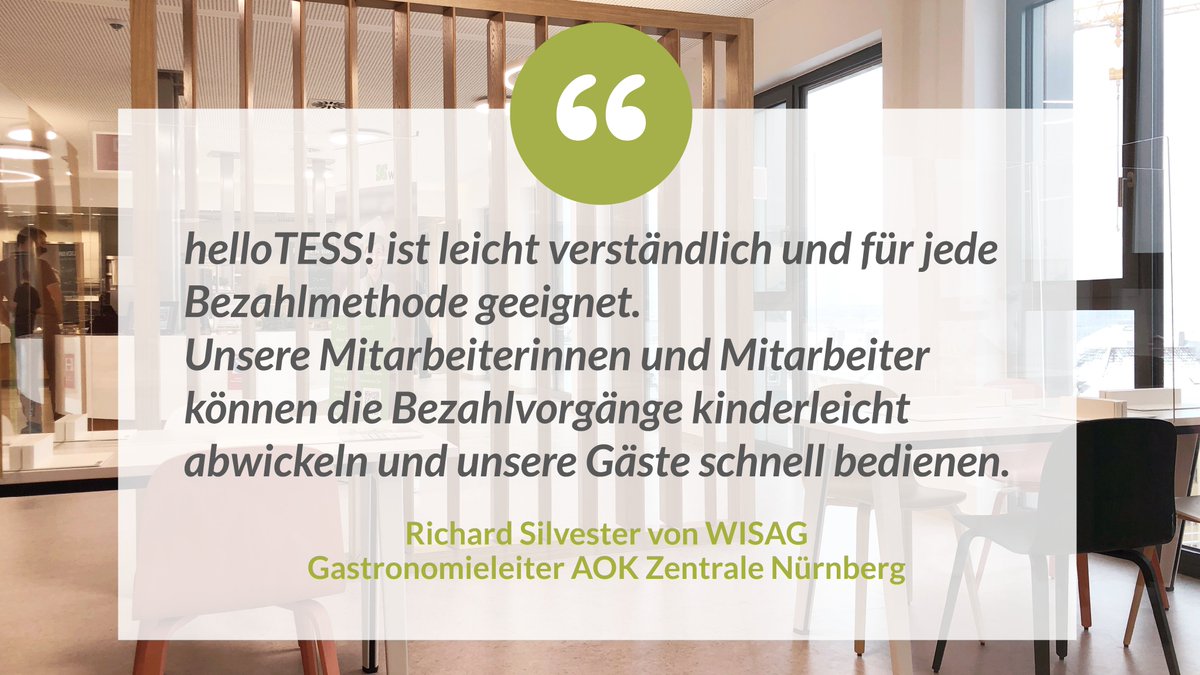 helloTESSero's tweet photo. Seit Ende letzten Jahres ist die neu gestaltete Zentrale unseres Kunden AOK in Nürnberg fertig. 🙂 
Wir haben mit Gastronomieleiter Richard Silvester u.a. über das gastronomische Konzept und die Bedeutung des Kassensystems gesprochen. Alles lest ihr hier: https://t.co/MyzDeNmeA2 https://t.co/G6lwbFEWk4