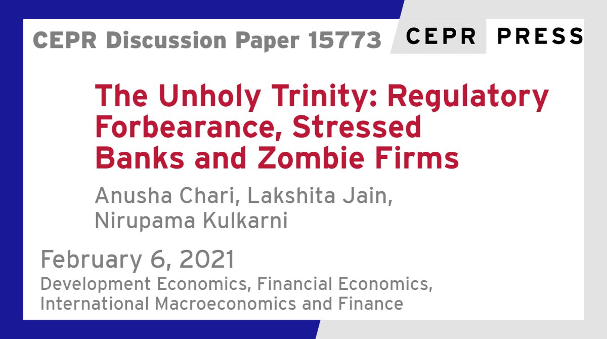 cepr_org's tweet photo. New CEPR Discussion Paper - DP15773 
The Unholy Trinity: Regulatory Forbearance, Stressed Banks and #Zombie #Firms
 @anusha_chari @UNC,  @Lakshit77224916 @UNC,  @nirupama_kulk @CAFRAL_India #CAFRAL
https://t.co/AZLw6hYJ6z
#CEPR_DE, #CEPR_FE, #CEPR_IMF https://t.co/r3MwaBjAin
