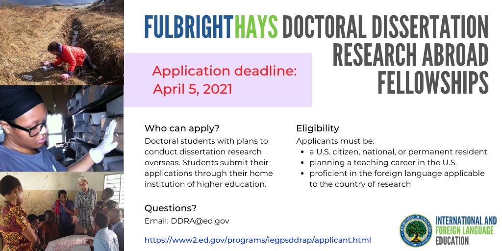 GoGlobalED's tweet photo. We are now accepting applications for our #FulbrightHays Doctoral Dissertation Research Abroad program! This program supports doctoral students wishing to conduct research overseas. DEADLINE TO APPLY: April 5, 2021. Learn more at: https://t.co/cOFEIfE1ZA https://t.co/r7MCZduX4a