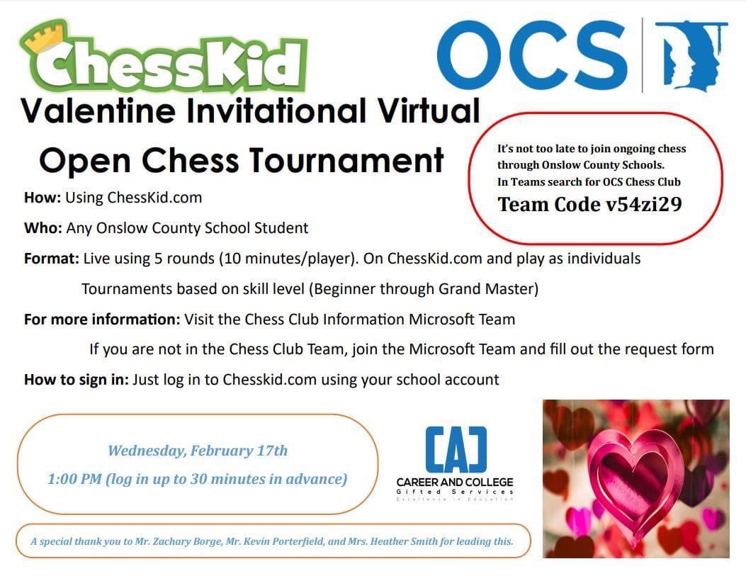 WhiteOakAVID's tweet photo. Do you know any chess-loving students? Check out this upcoming opportunity for 2/17/21. 💚💛 https://t.co/6eQ9PASPWm