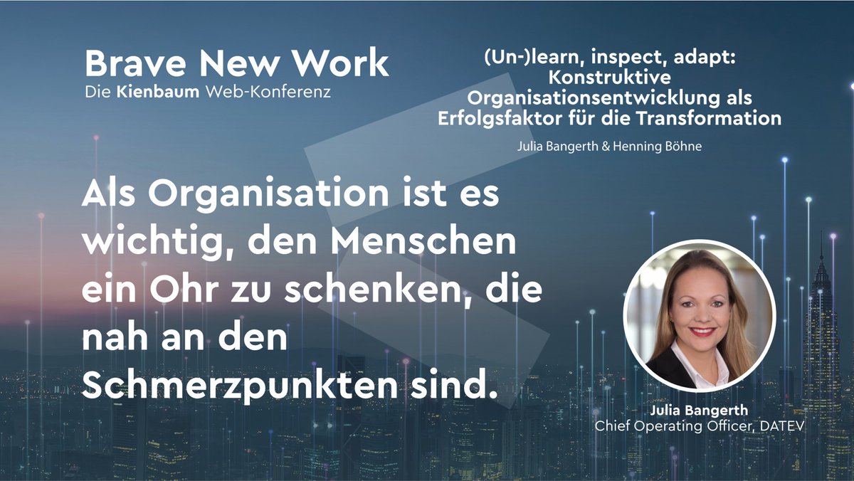 KienbaumConsult's tweet photo. @Julia_Bangerth &amp; @henboehne sprechen bei #BraveNewWork gerade darüber, worauf es beim organisationalen #Wandel ankommt. Ein wichtiger Punkt: Mitarbeiter:innen einzubinden und zu Handelnden zu machen! #Kienbaum #WePowerment https://t.co/JMf6kM4TDy
