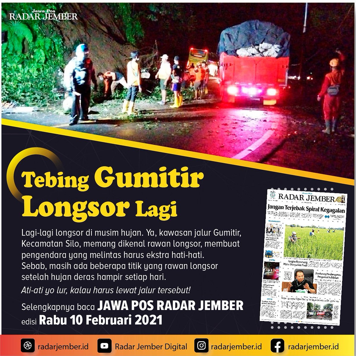 radar_jember's tweet photo. Longsor lagi.... Longsor lagi....
Apa penyebabnya dan bagaimana kelanjutannya ?
Baca selengkapnya, #besok di koran Jawa Pos Radar Jember.
Sikaaat lurrrr...
#jawaposcom #jawapos #radarjember #infojember #kabarjember #beritajember #koranradarjember #gumitir #bencanajember #jalan https://t.co/TGsCh9Qg0n