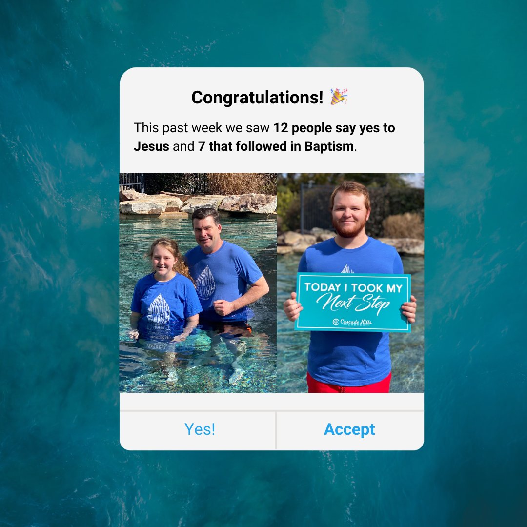 CascadeHills's tweet photo. This past week we saw 12 people say yes to Jesus and 7 that followed in Baptism. Join us in celebrating changed lives by commenting on this post! 🎉

If you would like to take that next step in Baptism or would like more information, text 𝗕𝗔𝗣𝗧𝗜𝗦𝗠 to 𝟳𝟬𝟲𝟳𝟬𝟲 today. https://t.co/xRye3pGy5t