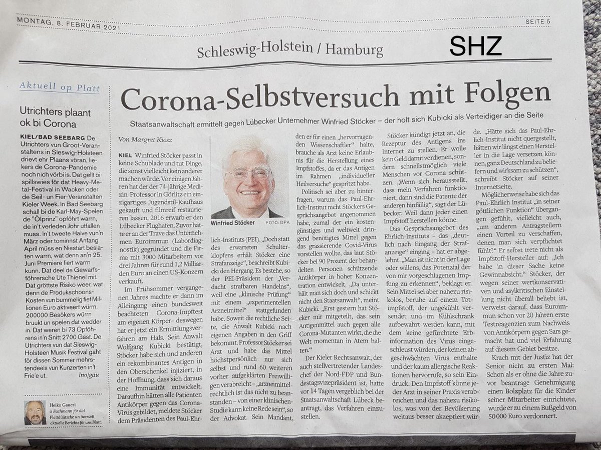Glückwunsch, lieber Prof. Stöcker, zur Entwicklung eines risikoarmen #Corona Impfstoffes. Die von den Behörden gegen Sie eingeleiteten Verfahren nehmen Sie gelassen, wie ich Sie kenne. Ich freue mich, wenn wir uns wiedersehen und bei einem Glas Pinot Noir darauf anstoßen! (1/2)