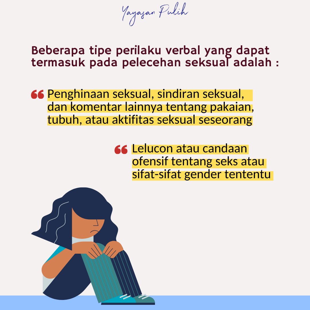 YayasanPulih's tweet photo. Pada dasarnya ada beberapa bentuk kekerasan seksual yg bisa terjadi. Salah satunya adalah kekerasan seksual dlm bentuk verbal. Mungkin kita sendiri pernah mengalaminya. Untuk itu, yuk kita kenali contoh-contohnya agar dapat menegur pelaku jika masih melakukan pelecehan tersebut. https://t.co/4Op1eRrHhr