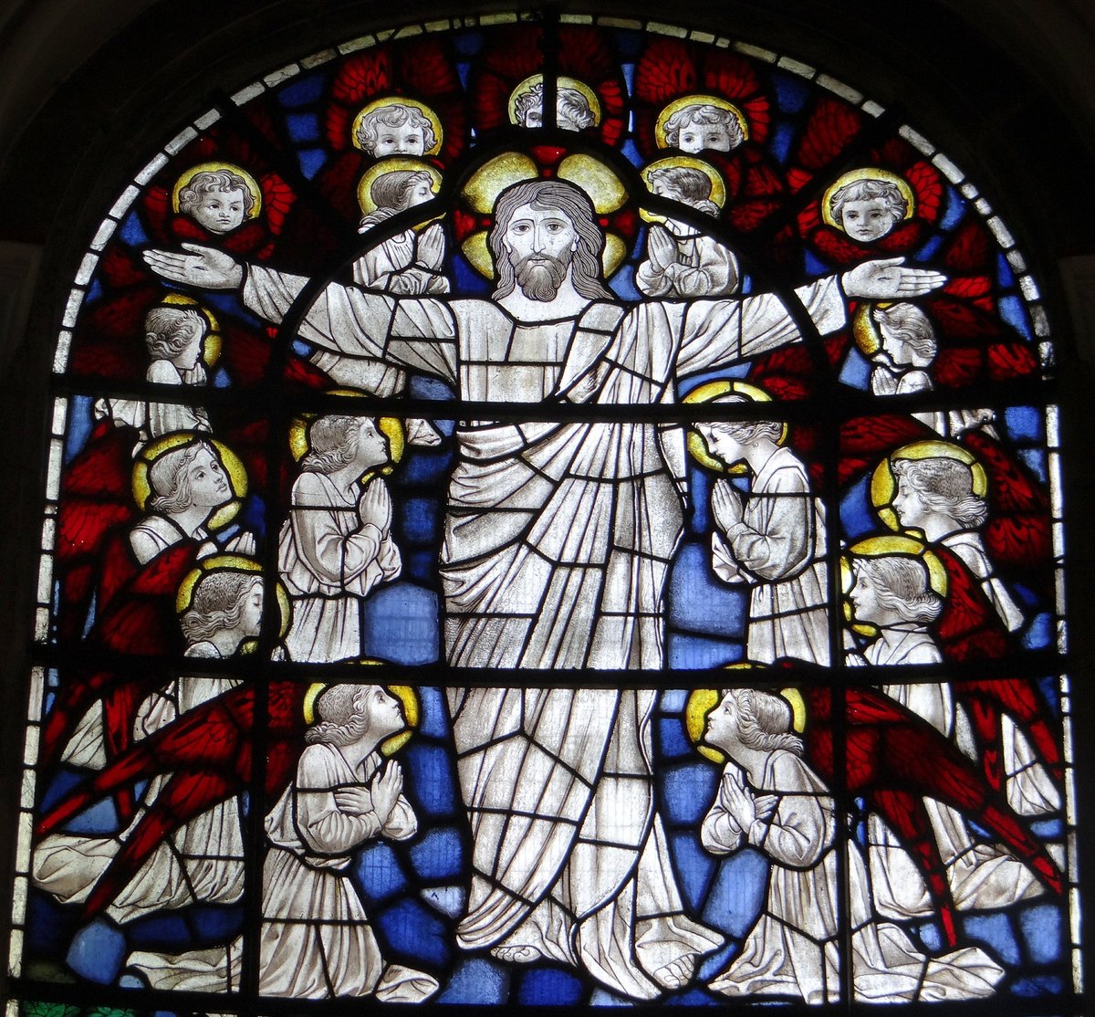 The E window is a window of two halves. It is one of three lights that are described by commentators as being designed by Robert Windsor-Clive, Earl of Plymouth and made by Alfred L. Pike around 1922. Two are in Plymouth's private chapel in Hewell Grange, see thread 06/02/21