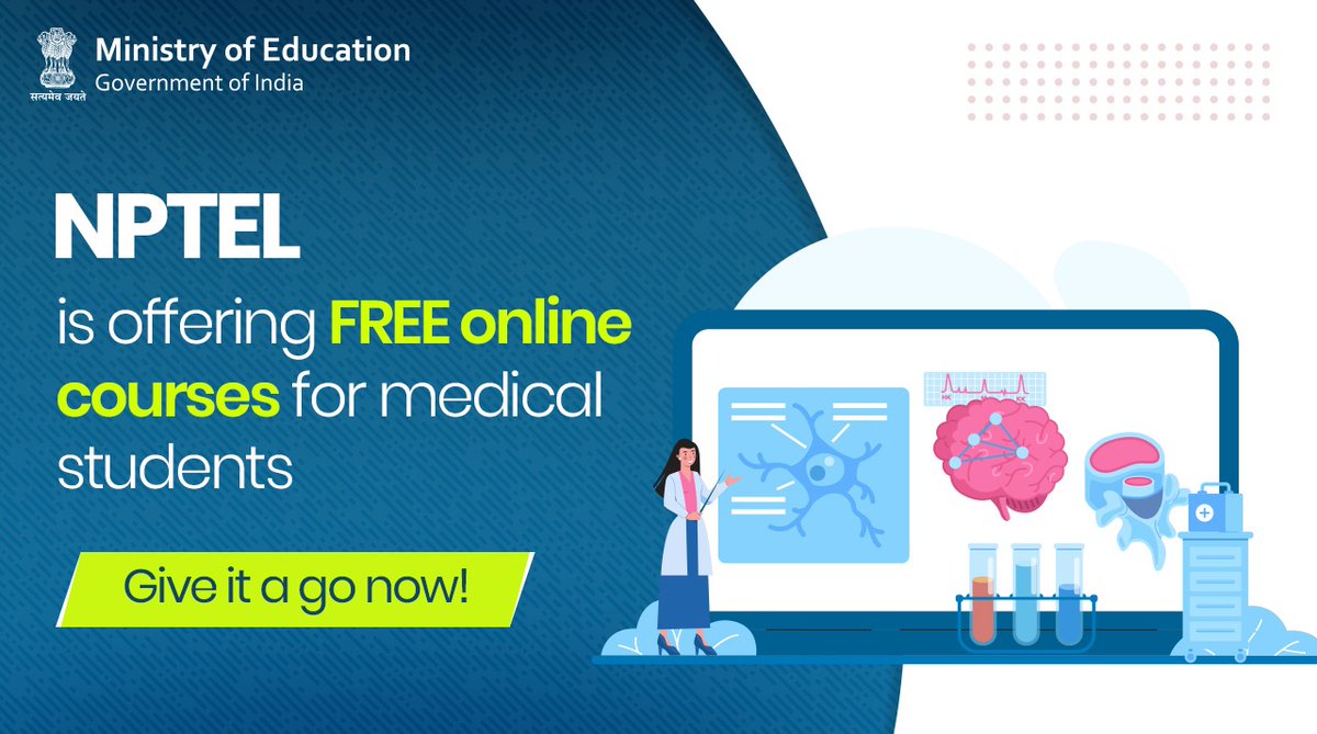 DrRPNishank's tweet photo. Students in the medical field, do you know what @nptelindia has in store for you?
Quality #onlinecourses from various disciplines like Pathology, Anatomy, Biochemistry, etc.
Know more: https://t.co/BYkmM56nxR
Remember, #learning is the best way to invest your time! https://t.co/LiEfdE0Ksx