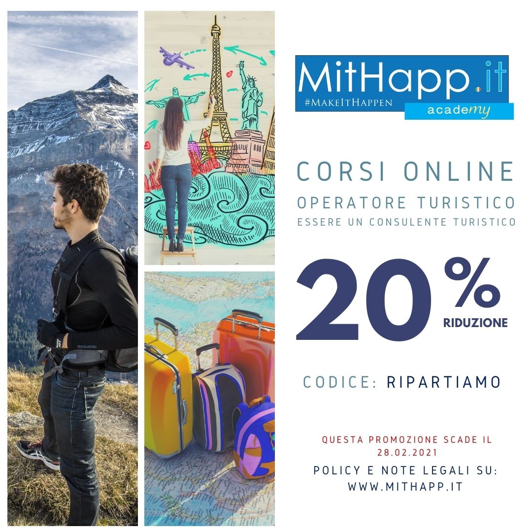 Mithapp_it's tweet photo. RipartiAMO
Non è solo un augurio, ma anche il codice sconto dei nostri CORSI ONLINE!Uno sconto del 20%, ma non in eterno!Solo fino al 28.02.21 - dopodichè in molti saranno già partiti!
info qui: https://t.co/IZvqKQsx4F #formazioneturistica #consulentituristico #operatoreturistico https://t.co/TKSwjbTOho